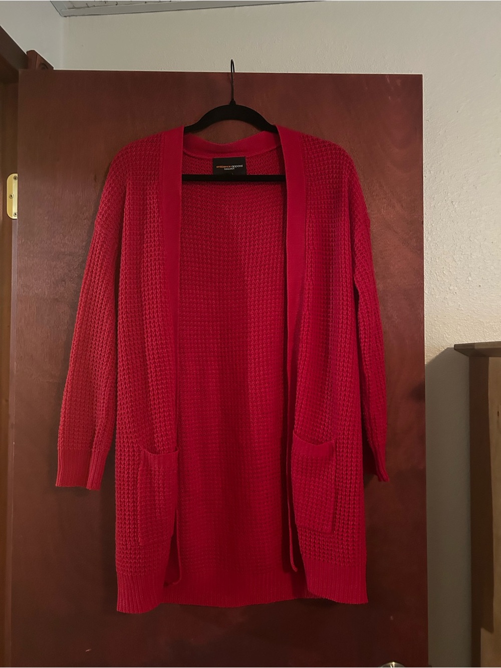 Ambiance Open-Front Red Waffle Knit Cardigan